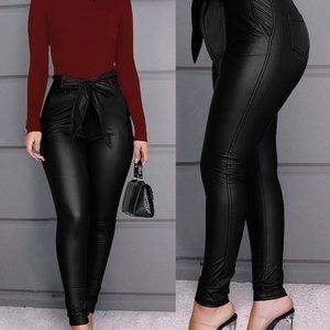 Faux Leather bowknot skinny pants